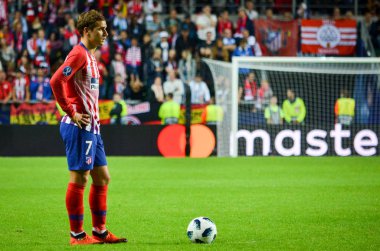 Tallinn, Estonya - 15 Ağustos, 2018: Antoine Griezmann final sırasında 2018 Uefa Süper Kupası maç arada Atletico Madrid vs Real Madrid A. Le Coq Arena Stadyumu, Estonya