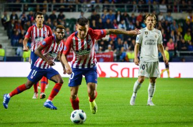 Tallinn, Estonya - 15 Ağustos, 2018: Angel Correa final sırasında 2018 Uefa Süper Kupası maç arada Atletico Madrid vs Real Madrid A. Le Coq Arena Stadyumu, Estonya