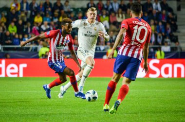 Tallinn, Estonya - 15 Ağustos, 2018: Thomas Lemar final sırasında 2018 Uefa Süper Kupası maç arada Atletico Madrid vs Real Madrid A. Le Coq Arena Stadyumu, Estonya