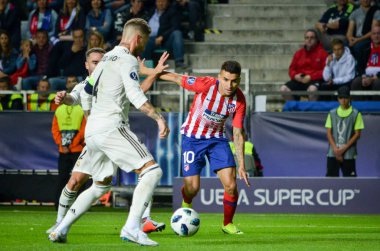 Tallinn, Estonya - 15 Ağustos, 2018: Angel Correa final sırasında 2018 Uefa Süper Kupası maç arada Atletico Madrid vs Real Madrid A. Le Coq Arena Stadyumu, Estonya