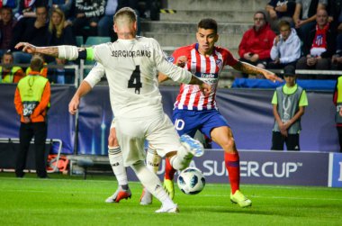 Tallinn, Estonya - 15 Ağustos, 2018: Angel Correa final sırasında 2018 Uefa Süper Kupası maç arada Atletico Madrid vs Real Madrid A. Le Coq Arena Stadyumu, Estonya