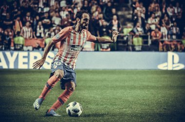 Tallinn, Estonya - 15 Ağustos, 2018: Juanfran oyuncular final 2018 Uefa Süper Kupa sırasında maç arada Atletico Madrid vs Real Madrid A. Le Coq Arena Stadyumu, Estonya