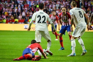 Tallinn, Estonya - 15 Ağustos, 2018: Çifleşme Koke (aşağı) final sırasında karşı 2018 Uefa Süper Kupası maç arada Atletico Madrid vs Real Madrid A. Le Coq Arena Stadyumu, Estonya
