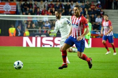 Tallinn, Estonya - 15 Ağustos, 2018: Koke oyuncular final 2018 Uefa Süper Kupa sırasında maç arada Atletico Madrid vs Real Madrid A. Le Coq Arena Stadyumu, Estonya