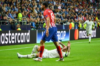 Tallinn, Estonya - 15 Ağustos, 2018: Diego Costa oyuncular final 2018 Uefa Süper Kupa sırasında maç arada Atletico Madrid vs Real Madrid A. Le Coq Arena Stadyumu, Estonya