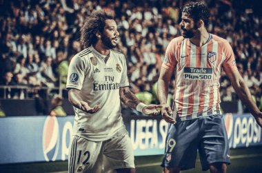 Tallinn, Estonya - 15 Ağustos, 2018: Marcelo Diego Costa (R) final sırasında karşı 2018 Uefa Süper Kupası maç arada Atletico Madrid vs Real Madrid A. Le Coq Arena Stadyumu, Estonya