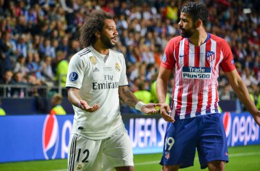 Tallinn, Estonya - 15 Ağustos, 2018: Marcelo Diego Costa (R) final sırasında karşı 2018 Uefa Süper Kupası maç arada Atletico Madrid vs Real Madrid A. Le Coq Arena Stadyumu, Estonya