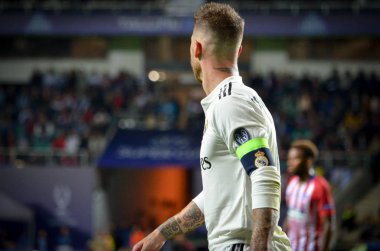 Tallinn, Estonya - 15 Ağustos, 2018: Sergio Ramos final sırasında 2018 Uefa Süper Kupası maç arada Atletico Madrid vs Real Madrid A. Le Coq Arena Stadyumu, Estonya