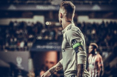 Tallinn, Estonya - 15 Ağustos, 2018: Sergio Ramos final sırasında 2018 Uefa Süper Kupası maç arada Atletico Madrid vs Real Madrid A. Le Coq Arena Stadyumu, Estonya