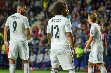 Tallinn, Estonya - 15 Ağustos, 2018: Marcelo final sırasında 2018 Uefa Süper Kupası maç arada Atletico Madrid vs Real Madrid A. Le Coq Arena Stadyumu, Estonya