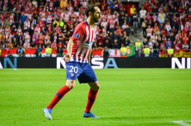 Tallinn, Estonya - 15 Ağustos, 2018: Juanfran son sırasında 2018 Uefa Süper Kupası maç arada Atletico Madrid vs Real Madrid A. Le Coq Arena Stadyumu, Estonya