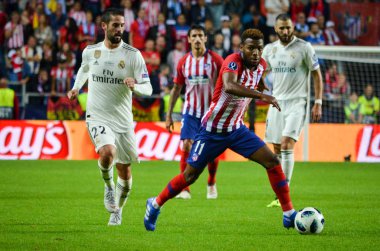 Tallinn, Estonya - 15 Ağustos, 2018: Thomas Lemar final sırasında 2018 Uefa Süper Kupası maç arada Atletico Madrid vs Real Madrid A. Le Coq Arena Stadyumu, Estonya