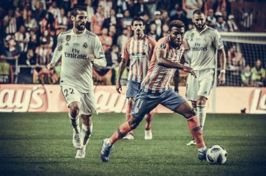 Tallinn, Estonya - 15 Ağustos, 2018: Thomas Lemar final sırasında 2018 Uefa Süper Kupası maç arada Atletico Madrid vs Real Madrid A. Le Coq Arena Stadyumu, Estonya