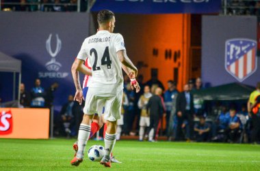 Tallinn, Estonya - 15 Ağustos, 2018: Dani Ceballos final sırasında 2018 Uefa Süper Kupası maç arada Atletico Madrid vs Real Madrid A. Le Coq Arena Stadyumu, Estonya