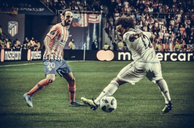 Tallinn, Estonya - 15 Ağustos, 2018: futbolcuların son 2018 Uefa Süper Kupası sırasında maç arada Atletico Madrid vs Real Madrid A. Le Coq Arena Stadyumu, Estonya
