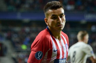 Tallinn, Estonya - 15 Ağustos, 2018: Angel Correa final sırasında 2018 Uefa Süper Kupası maç arada Atletico Madrid vs Real Madrid A. Le Coq Arena Stadyumu, Estonya