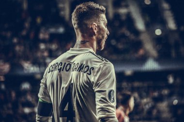 Tallinn, Estonya - 15 Ağustos, 2018: Sergio Ramos final sırasında 2018 Uefa Süper Kupası maç arada Atletico Madrid vs Real Madrid A. Le Coq Arena Stadyumu, Estonya