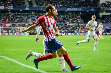 Tallinn, Estonya - 15 Ağustos, 2018: Juanfran oyuncular final 2018 Uefa Süper Kupa sırasında maç arada Atletico Madrid vs Real Madrid A. Le Coq Arena Stadyumu, Estonya