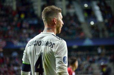 Tallinn, Estonya - 15 Ağustos, 2018: Sergio Ramos final sırasında 2018 Uefa Süper Kupası maç arada Atletico Madrid vs Real Madrid A. Le Coq Arena Stadyumu, Estonya