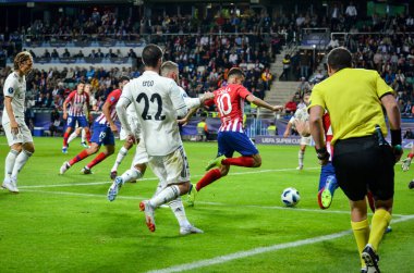 Tallinn, Estonya - 15 Ağustos, 2018: Angel Correa A. Le Coq Arena Stadyumu, Estonya vs Real Madrid Atletico Madrid goalduring son 2018 Uefa Süper Kupa maçı gol