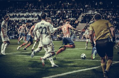 Tallinn, Estonya - 15 Ağustos, 2018: Angel Correa A. Le Coq Arena Stadyumu, Estonya vs Real Madrid Atletico Madrid goalduring son 2018 Uefa Süper Kupa maçı gol