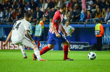 Tallinn, Estonya - 15 Ağustos, 2018: Koke oyuncular final 2018 Uefa Süper Kupa sırasında maç arada Atletico Madrid vs Real Madrid A. Le Coq Arena Stadyumu, Estonya