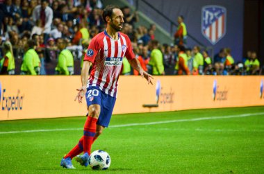 Tallinn, Estonya - 15 Ağustos, 2018: Juanfran son sırasında 2018 Uefa Süper Kupası maç arada Atletico Madrid vs Real Madrid A. Le Coq Arena Stadyumu, Estonya
