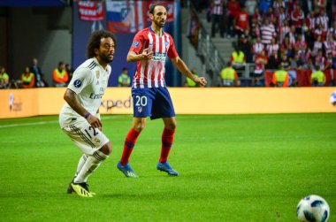 Tallinn, Estonya - 15 Ağustos, 2018: Juanfran ve Marcelo sırasında son 2018 Uefa Süper Kupası maç arada Atletico Madrid vs Real Madrid A. Le Coq Arena Stadyumu, Estonya