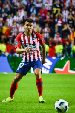 Tallinn, Estonya - 15 Ağustos, 2018: Angel Correa final sırasında 2018 Uefa Süper Kupası maç arada Atletico Madrid vs Real Madrid A. Le Coq Arena Stadyumu, Estonya