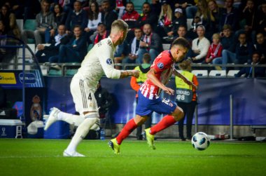 Tallinn, Estonya - 15 Ağustos, 2018: Angel Correa final sırasında 2018 Uefa Süper Kupası maç arada Atletico Madrid vs Real Madrid A. Le Coq Arena Stadyumu, Estonya