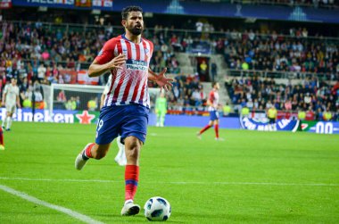 Tallinn, Estonya - 15 Ağustos, 2018: Diego Costa final sırasında 2018 Uefa Süper Kupası maç arada Atletico Madrid vs Real Madrid A. Le Coq Arena Stadyumu, Estonya