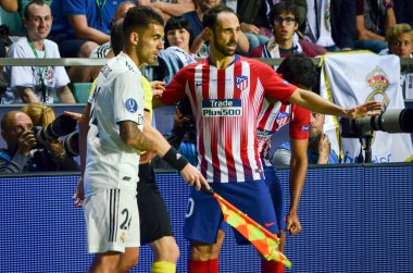 Tallinn, Estonya - 15 Ağustos, 2018: Juanfran son sırasında 2018 Uefa Süper Kupası maç arada Atletico Madrid vs Real Madrid A. Le Coq Arena Stadyumu, Estonya