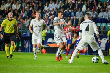 Tallinn, Estonya - 15 Ağustos, 2018: Sergio Ramos final sırasında 2018 Uefa Süper Kupası maç arada Atletico Madrid vs Real Madrid A. Le Coq Arena Stadyumu, Estonya