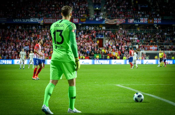 爱沙尼亚 2018年8月 Oblak 在决赛 2018 Uefa 超级杯比赛在竞技马德里和皇马之间在 Coq 竞技场体育场 爱沙尼亚 — 图库照片