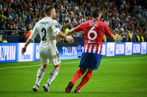 Tallinn, Estonya - 15 Ağustos, 2018: Koke oyuncular final 2018 Uefa Süper Kupa sırasında maç arada Atletico Madrid vs Real Madrid A. Le Coq Arena Stadyumu, Estonya