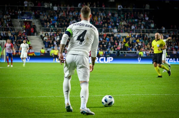 Tallinn, Estonya - 15 Ağustos, 2018: Sergio Ramos final sırasında 2018 Uefa Süper Kupası maç arada Atletico Madrid vs Real Madrid A. Le Coq Arena Stadyumu, Estonya