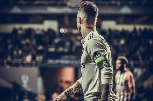 Tallinn, Estonya - 15 Ağustos, 2018: Sergio Ramos final sırasında 2018 Uefa Süper Kupası maç arada Atletico Madrid vs Real Madrid A. Le Coq Arena Stadyumu, Estonya