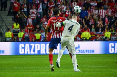 Tallinn, Estonya - 15 Ağustos, 2018: Diego Costa Sergio Ramos final sırasında karşı 2018 Uefa Süper Kupası maç arada Atletico Madrid vs Real Madrid A. Le Coq Arena Stadyumu, Estonya