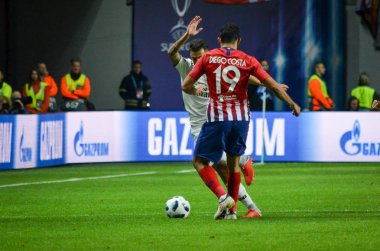 Tallinn, Estonya - 15 Ağustos, 2018: Diego Costa final sırasında 2018 Uefa Süper Kupası maç arada Atletico Madrid vs Real Madrid A. Le Coq Arena Stadyumu, Estonya