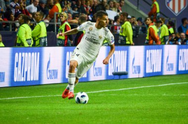 Tallinn, Estonya - 15 Ağustos, 2018: Dani Ceballos final sırasında 2018 Uefa Süper Kupası maç arada Atletico Madrid vs Real Madrid A. Le Coq Arena Stadyumu, Estonya