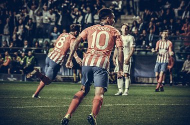 Tallinn, Estonya - 15 Ağustos, 2018: Angel Correa final sırasında 2018 Uefa Süper Kupası maç arada Atletico Madrid vs Real Madrid A. Le Coq Arena Stadyumu, Estonya