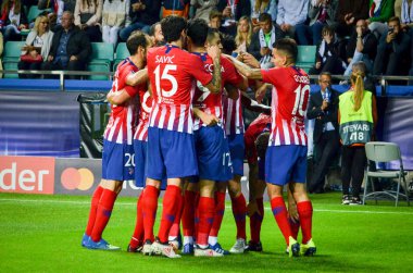 Tallinn, Estonya - 15 Ağustos, 2018: futbolcuların son 2018 Uefa Süper Kupası sırasında maç arada Atletico Madrid vs Real Madrid A. Le Coq Arena Stadyumu, Estonya