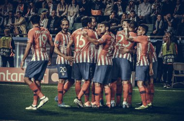 Tallinn, Estonya - 15 Ağustos, 2018: Athletico Madrid oyuncular final 2018 Uefa süper kupa maçında Atletico Madrid vs Real Madrid, Estonya arasında sırasında amaç kutlamak