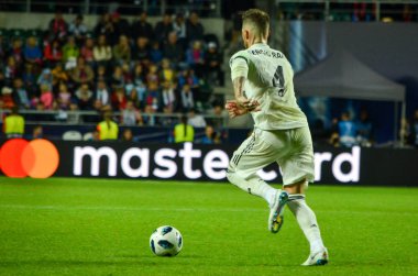 Tallinn, Estonya - 15 Ağustos, 2018: Sergio Ramos final sırasında 2018 Uefa Süper Kupası maç arada Atletico Madrid vs Real Madrid A. Le Coq Arena Stadyumu, Estonya