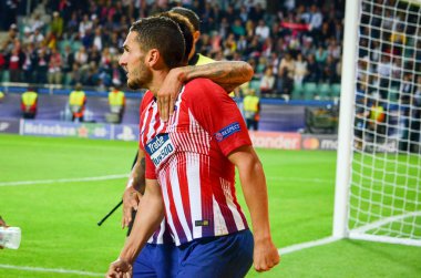 Tallinn, Estonya - 15 Ağustos, 2018: Angel Correa ve Koke kutlamak Atletico Madrid vs Real Madrid, Estonya arasında final 2018 Uefa Süper Kupası maçı sırasında gol