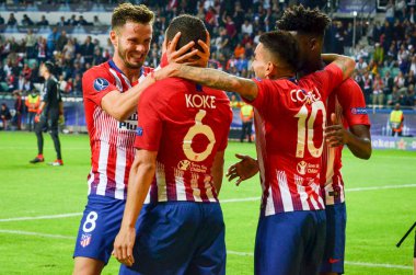 Tallinn, Estonya - 15 Ağustos, 2018: Athletico Madrid oyuncular final 2018 Uefa süper kupa maçında Atletico Madrid vs Real Madrid, Estonya arasında sırasında amaç kutlamak