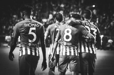 Tallinn, Estonya - 15 Ağustos, 2018: Athletico Madrid oyuncular final 2018 Uefa süper kupa maçında Atletico Madrid vs Real Madrid, Estonya arasında sırasında amaç kutlamak