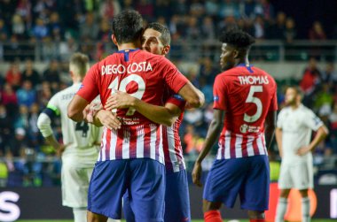 Tallinn, Estonya - 15 Ağustos, 2018: Athletico Madrid oyuncular final 2018 Uefa süper kupa maçında Atletico Madrid vs Real Madrid, Estonya arasında sırasında amaç kutlamak