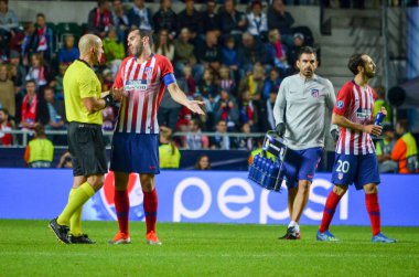 Tallinn, Estonya - 15 Ağustos, 2018: Diego Godin final sırasında 2018 Uefa Süper Kupası maç arada Atletico Madrid vs Real Madrid A. Le Coq Arena Stadyumu, Estonya