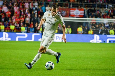 Tallinn, Estonya - 15 Ağustos, 2018: Gareth Bale son sırasında 2018 Uefa Süper Kupası maç arada Atletico Madrid vs Real Madrid A. Le Coq Arena Stadyumu, Estonya